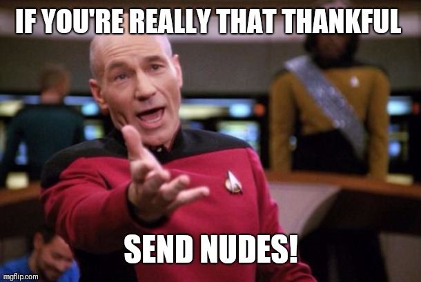 If you're really that thankful, send nudes  | IF YOU'RE REALLY THAT THANKFUL; SEND NUDES! | image tagged in picard,oh really,thankful,send nudes,funny memes,gotcha | made w/ Imgflip meme maker