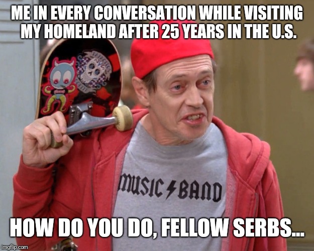 Steve Buscemi Fellow Kids | ME IN EVERY CONVERSATION WHILE VISITING MY HOMELAND AFTER 25 YEARS IN THE U.S. HOW DO YOU DO, FELLOW SERBS... | image tagged in steve buscemi fellow kids | made w/ Imgflip meme maker