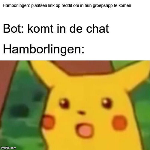 Surprised Pikachu Meme | Hamborlingen: plaatsen link op reddit om in hun groepsapp te komen; Bot: komt in de chat; Hamborlingen: | image tagged in memes,surprised pikachu | made w/ Imgflip meme maker