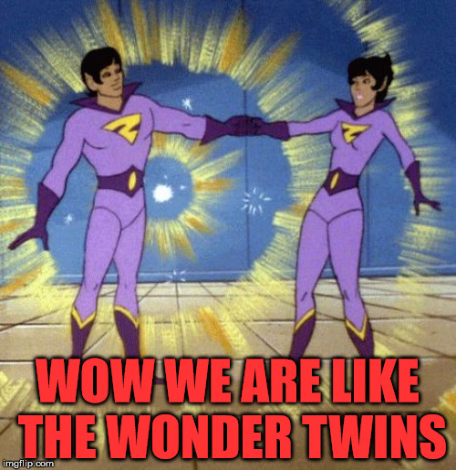 Wonder Twins | WOW WE ARE LIKE THE WONDER TWINS | image tagged in wonder twins | made w/ Imgflip meme maker