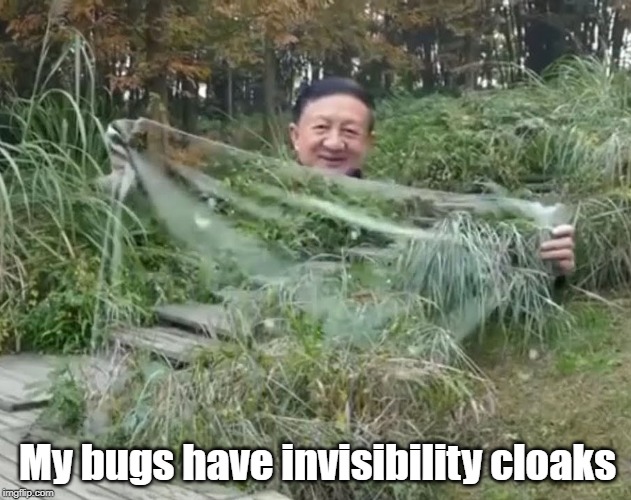 My bugs have invisibility cloaks | My bugs have invisibility cloaks | image tagged in invisible | made w/ Imgflip meme maker