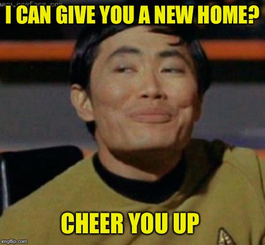 sulu | I CAN GIVE YOU A NEW HOME? CHEER YOU UP | image tagged in sulu | made w/ Imgflip meme maker