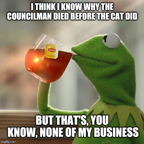 But That's None Of My Business Meme | I THINK I KNOW WHY THE COUNCILMAN DIED BEFORE THE CAT DID BUT THAT'S, YOU KNOW, NONE OF MY BUSINESS | image tagged in memes,but thats none of my business,kermit the frog | made w/ Imgflip meme maker