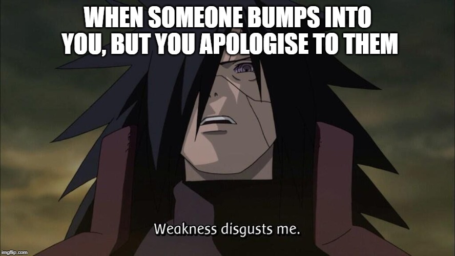 Weakness disgusts me | WHEN SOMEONE BUMPS INTO YOU, BUT YOU APOLOGISE TO THEM | image tagged in weakness disgusts me | made w/ Imgflip meme maker