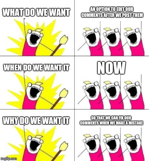 What Do We Want 3 Meme | WHAT DO WE WANT; AN OPTION TO EDIT OUR COMMENTS AFTER WE POST THEM; WHEN DO WE WANT IT; NOW; WHY DO WE WANT IT; SO THAT WE CAN FIX OUR COMMENTS WHEN WE MAKE A MISTAKE | image tagged in memes,what do we want 3 | made w/ Imgflip meme maker