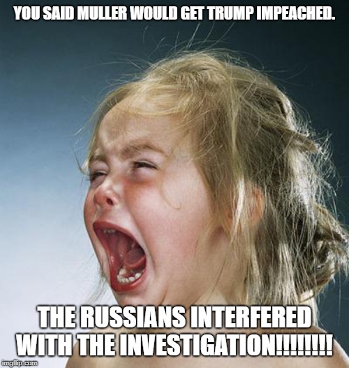 little girl screaming | YOU SAID MULLER WOULD GET TRUMP IMPEACHED. THE RUSSIANS INTERFERED WITH THE INVESTIGATION!!!!!!!! | image tagged in little girl screaming | made w/ Imgflip meme maker