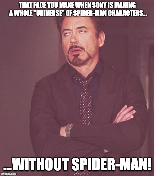 Yes, this is ACTUALLY happening! Venom started it! | THAT FACE YOU MAKE WHEN SONY IS MAKING A WHOLE "UNIVERSE" OF SPIDER-MAN CHARACTERS... ...WITHOUT SPIDER-MAN! | image tagged in memes,face you make robert downey jr,funny,spider man,sony,marvel | made w/ Imgflip meme maker