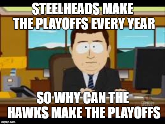 Playoffs | STEELHEADS MAKE THE PLAYOFFS EVERY YEAR; SO WHY CAN THE HAWKS MAKE THE PLAYOFFS | image tagged in playoffs | made w/ Imgflip meme maker