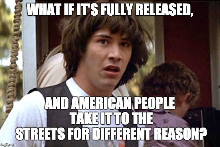 Conspiracy Keanu | WHAT IF IT'S FULLY RELEASED, AND AMERICAN PEOPLE TAKE IT TO THE STREETS FOR DIFFERENT REASON? | image tagged in conspiracy keanu | made w/ Imgflip meme maker