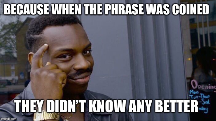 Roll Safe Think About It Meme | BECAUSE WHEN THE PHRASE WAS COINED THEY DIDN’T KNOW ANY BETTER | image tagged in memes,roll safe think about it | made w/ Imgflip meme maker