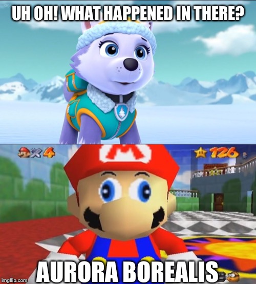 UH OH! WHAT HAPPENED IN THERE? AURORA BOREALIS | image tagged in smg4 retarded mario,paw patrol uh-oh | made w/ Imgflip meme maker
