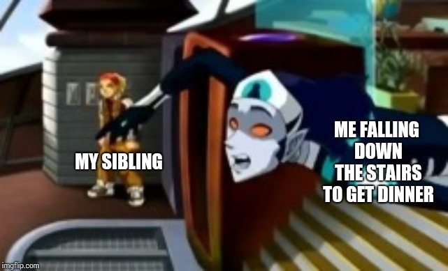 Me on Thanksgiving | ME FALLING DOWN THE STAIRS TO GET DINNER; MY SIBLING | image tagged in funny | made w/ Imgflip meme maker