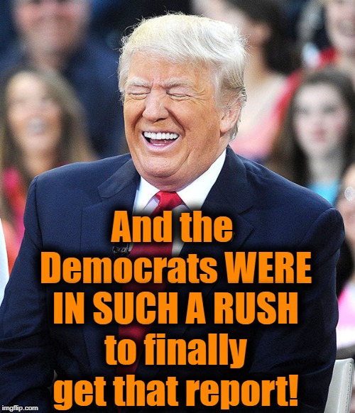 trump laughing | And the Democrats WERE IN SUCH A RUSH to finally get that report! | image tagged in trump laughing | made w/ Imgflip meme maker