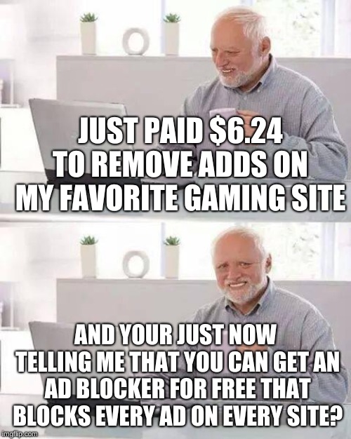If you don't have it, get it, I have it and it's completely free and safe. | JUST PAID $6.24 TO REMOVE ADDS ON MY FAVORITE GAMING SITE; AND YOUR JUST NOW TELLING ME THAT YOU CAN GET AN AD BLOCKER FOR FREE THAT BLOCKS EVERY AD ON EVERY SITE? | image tagged in memes,hide the pain harold | made w/ Imgflip meme maker
