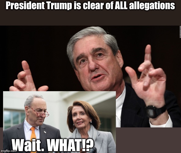 Finally. Trump 2020 | President Trump is clear of ALL allegations; Wait. WHAT!? | image tagged in robert muller,nancy pelosi,chuck schumer,take back america,2 years too long,trump 2020 | made w/ Imgflip meme maker