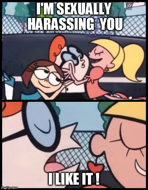 Say it Again, Dexter Meme | I'M SEXUALLY HARASSING  YOU; I LIKE IT ! | image tagged in memes,say it again dexter | made w/ Imgflip meme maker
