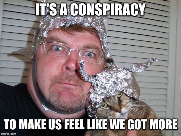 tin foil hat | IT’S A CONSPIRACY TO MAKE US FEEL LIKE WE GOT MORE | image tagged in tin foil hat | made w/ Imgflip meme maker