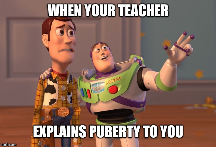 X, X Everywhere Meme | WHEN YOUR TEACHER; EXPLAINS PUBERTY TO YOU | image tagged in memes,x x everywhere | made w/ Imgflip meme maker