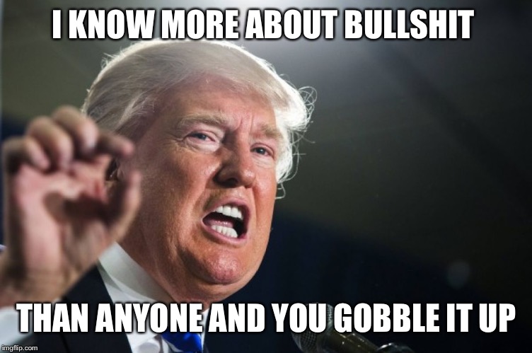 donald trump | I KNOW MORE ABOUT BULLSHIT THAN ANYONE AND YOU GOBBLE IT UP | image tagged in donald trump | made w/ Imgflip meme maker