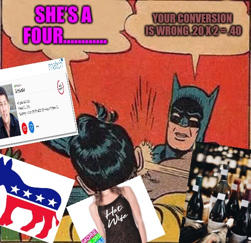 My Life Conversion Factor | SHE’S A FOUR............ YOUR CONVERSION IS WRONG .20 X 2 = .40 | image tagged in memes,batman slapping robin,my life,democrats,thots,users | made w/ Imgflip meme maker
