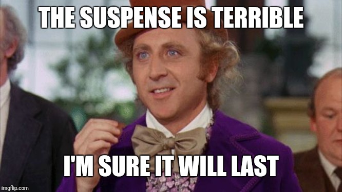 Willy Wonka Suspense | THE SUSPENSE IS TERRIBLE I'M SURE IT WILL LAST | image tagged in willy wonka suspense | made w/ Imgflip meme maker