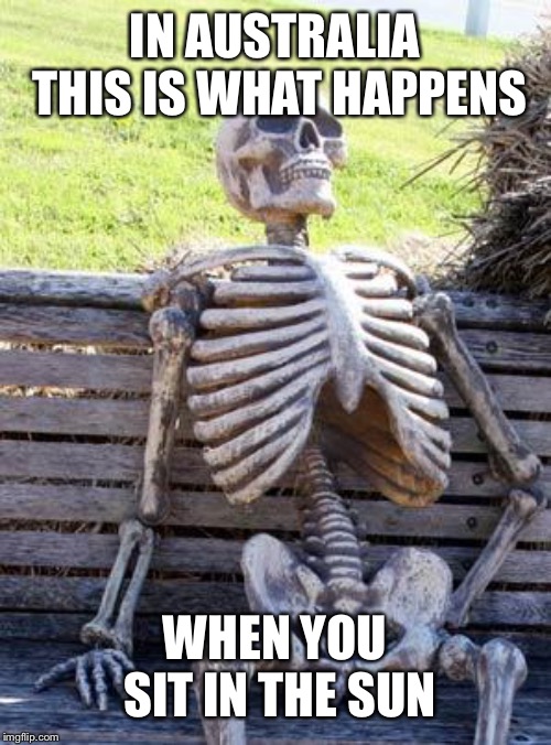 Waiting Skeleton | IN AUSTRALIA THIS IS WHAT HAPPENS; WHEN YOU SIT IN THE SUN | image tagged in memes,waiting skeleton | made w/ Imgflip meme maker