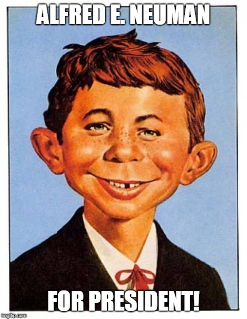 alfred-e-newman | ALFRED E. NEUMAN; FOR PRESIDENT! | image tagged in alfred-e-newman | made w/ Imgflip meme maker