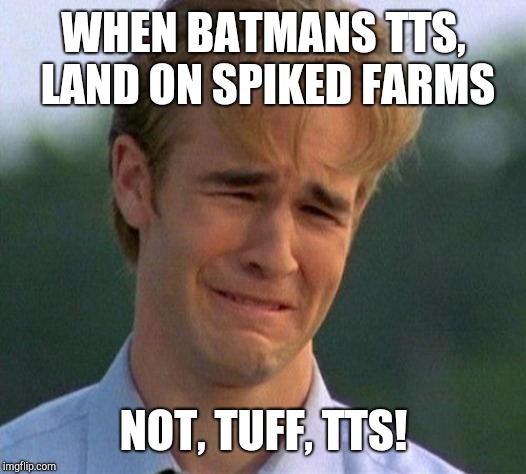 1990s First World Problems Meme | WHEN BATMANS TTS, LAND ON SPIKED FARMS; NOT, TUFF, TTS! | image tagged in memes,1990s first world problems | made w/ Imgflip meme maker