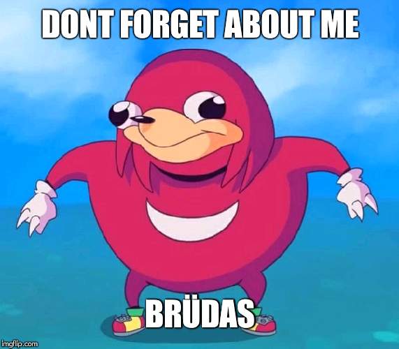 Ugandan Knuckles | DONT FORGET ABOUT ME BRÜDAS | image tagged in ugandan knuckles | made w/ Imgflip meme maker