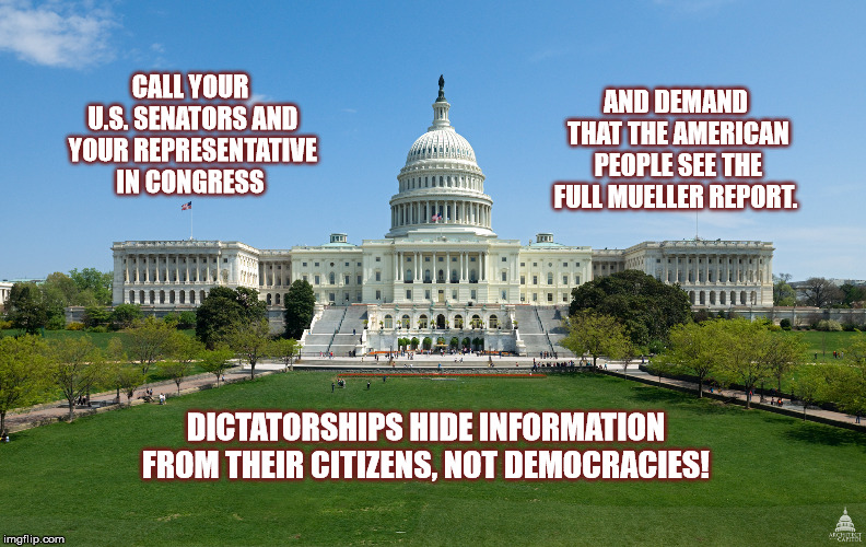 Release The Report
 | AND DEMAND THAT THE AMERICAN PEOPLE SEE THE FULL MUELLER REPORT. CALL YOUR U.S. SENATORS AND YOUR REPRESENTATIVE IN CONGRESS; DICTATORSHIPS HIDE INFORMATION FROM THEIR CITIZENS, NOT DEMOCRACIES! | image tagged in releasethereport,mueller,information,trump | made w/ Imgflip meme maker