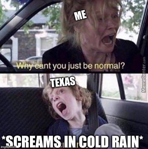 *Screams in Texan back* | ME; TEXAS; *SCREAMS IN COLD RAIN* | image tagged in why can't you just be normal | made w/ Imgflip meme maker