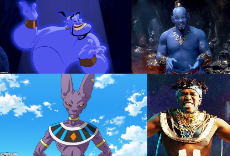 An animated Genie & a God get live adaptations. | image tagged in genie,beerus,will smith,ksi | made w/ Imgflip meme maker