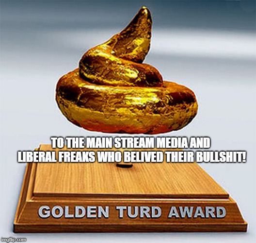 golden turd award | TO THE MAIN STREAM MEDIA AND LIBERAL FREAKS WHO BELIVED THEIR BULLSHIT! | image tagged in golden turd award | made w/ Imgflip meme maker