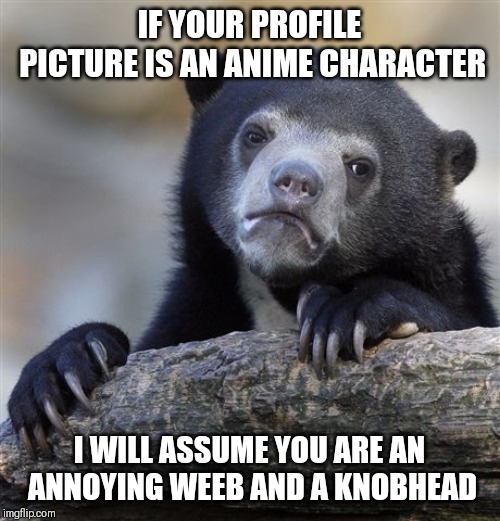 Weebs |  IF YOUR PROFILE PICTURE IS AN ANIME CHARACTER; I WILL ASSUME YOU ARE AN ANNOYING WEEB AND A KNOBHEAD | image tagged in memes,confession bear,weebs,anime profile picture,anime,weeaboo | made w/ Imgflip meme maker