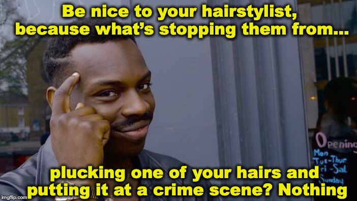 Roll Safe Think About It |  Be nice to your hairstylist, because what’s stopping them from... plucking one of your hairs and putting it at a crime scene? Nothing | image tagged in memes,roll safe think about it,barber,hairstyle,csi | made w/ Imgflip meme maker