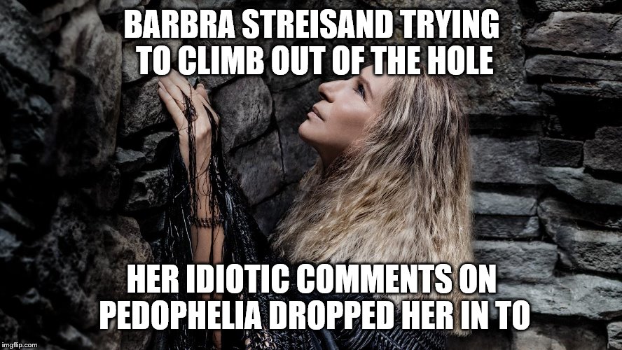 Barbra Streisand Walls | BARBRA STREISAND TRYING TO CLIMB OUT OF THE HOLE; HER IDIOTIC COMMENTS ON PEDOPHELIA DROPPED HER IN TO | image tagged in barbra streisand walls | made w/ Imgflip meme maker