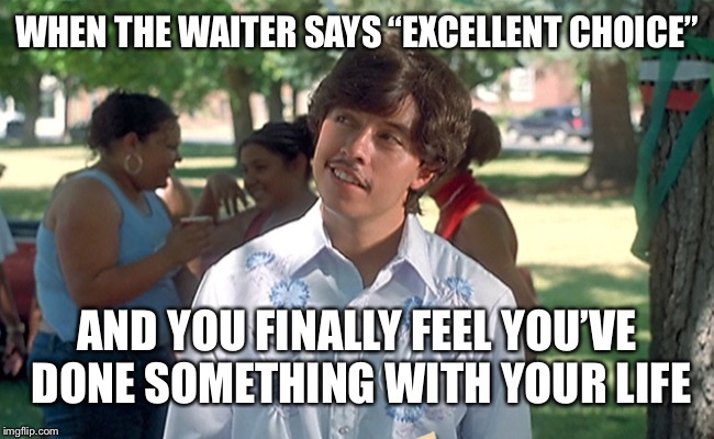 WHEN THE WAITER SAYS “EXCELLENT CHOICE”; AND YOU FINALLY FEEL YOU’VE DONE SOMETHING WITH YOUR LIFE | image tagged in waiter | made w/ Imgflip meme maker