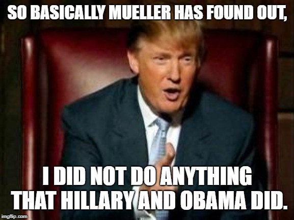 Truth hurts but it is still the truth. | SO BASICALLY MUELLER HAS FOUND OUT, I DID NOT DO ANYTHING THAT HILLARY AND OBAMA DID. | image tagged in donald trump,mueller | made w/ Imgflip meme maker