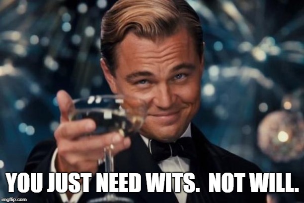 Leonardo Dicaprio Cheers Meme | YOU JUST NEED WITS.  NOT WILL. | image tagged in memes,leonardo dicaprio cheers | made w/ Imgflip meme maker