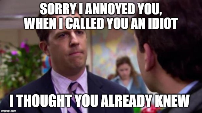 Sorry I annoyed you | SORRY I ANNOYED YOU, WHEN I CALLED YOU AN IDIOT; I THOUGHT YOU ALREADY KNEW | image tagged in sorry i annoyed you | made w/ Imgflip meme maker