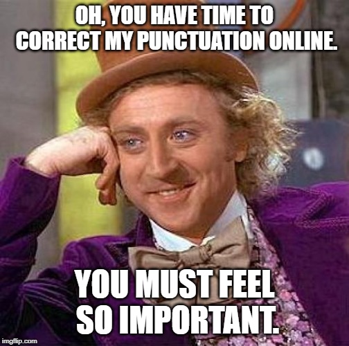 Creepy Condescending Wonka Meme | OH, YOU HAVE TIME TO CORRECT MY PUNCTUATION ONLINE. YOU MUST FEEL SO IMPORTANT. | image tagged in memes,creepy condescending wonka | made w/ Imgflip meme maker