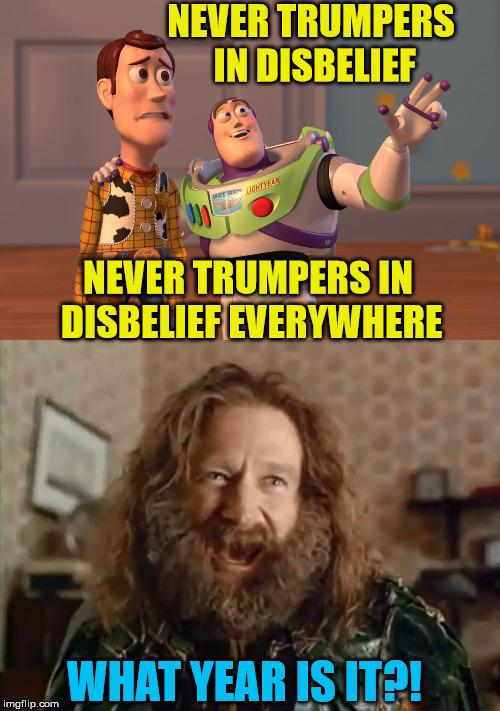 2016, the year that keeps on giving | NEVER TRUMPERS IN DISBELIEF; NEVER TRUMPERS IN DISBELIEF EVERYWHERE; WHAT YEAR IS IT?! | image tagged in memes,what year is it,x x everywhere,2016 election,trump russia collusion,liberal tears | made w/ Imgflip meme maker