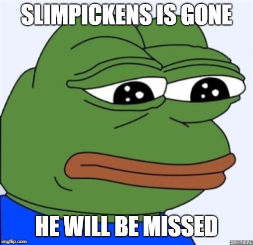 sad frog | SLIMPICKENS IS GONE; HE WILL BE MISSED | image tagged in sad frog | made w/ Imgflip meme maker