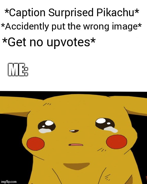 Surprised Pikachu | *Caption Surprised Pikachu*; *Accidently put the wrong image*; *Get no upvotes*; ME: | image tagged in memes,surprised pikachu | made w/ Imgflip meme maker