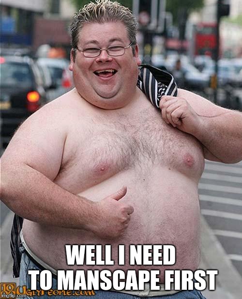 fat guy | WELL I NEED TO MANSCAPE FIRST | image tagged in fat guy | made w/ Imgflip meme maker