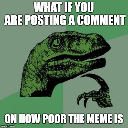 Philosoraptor Meme | WHAT IF YOU ARE POSTING A COMMENT ON HOW POOR THE MEME IS | image tagged in memes,philosoraptor | made w/ Imgflip meme maker