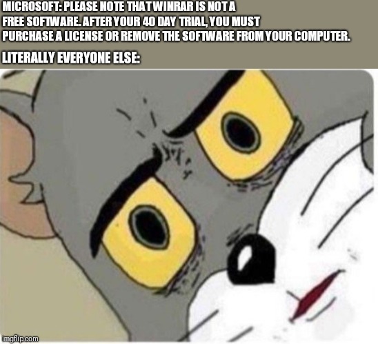 Tom and Jerry meme | MICROSOFT: PLEASE NOTE THAT WINRAR IS NOT A FREE SOFTWARE. AFTER YOUR 40 DAY TRIAL, YOU MUST PURCHASE A LICENSE OR REMOVE THE SOFTWARE FROM YOUR COMPUTER. LITERALLY EVERYONE ELSE: | image tagged in tom and jerry meme | made w/ Imgflip meme maker