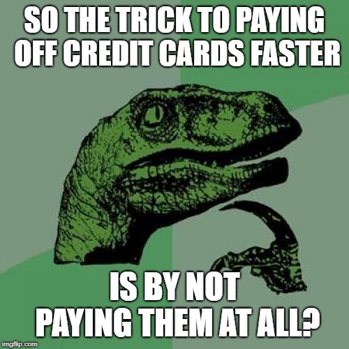 Philosoraptor Meme | SO THE TRICK TO PAYING OFF CREDIT CARDS FASTER; IS BY NOT PAYING THEM AT ALL? | image tagged in memes,philosoraptor | made w/ Imgflip meme maker