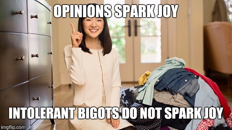 Marie Kondo Joy | OPINIONS SPARK JOY; INTOLERANT BIGOTS DO NOT SPARK JOY | image tagged in marie kondo joy | made w/ Imgflip meme maker