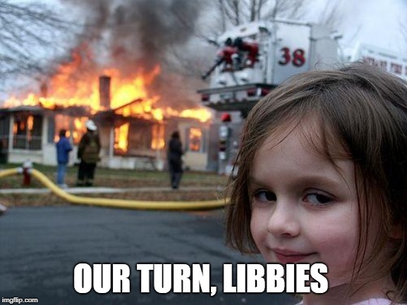 Disaster Girl | OUR TURN, LIBBIES | image tagged in memes,disaster girl | made w/ Imgflip meme maker